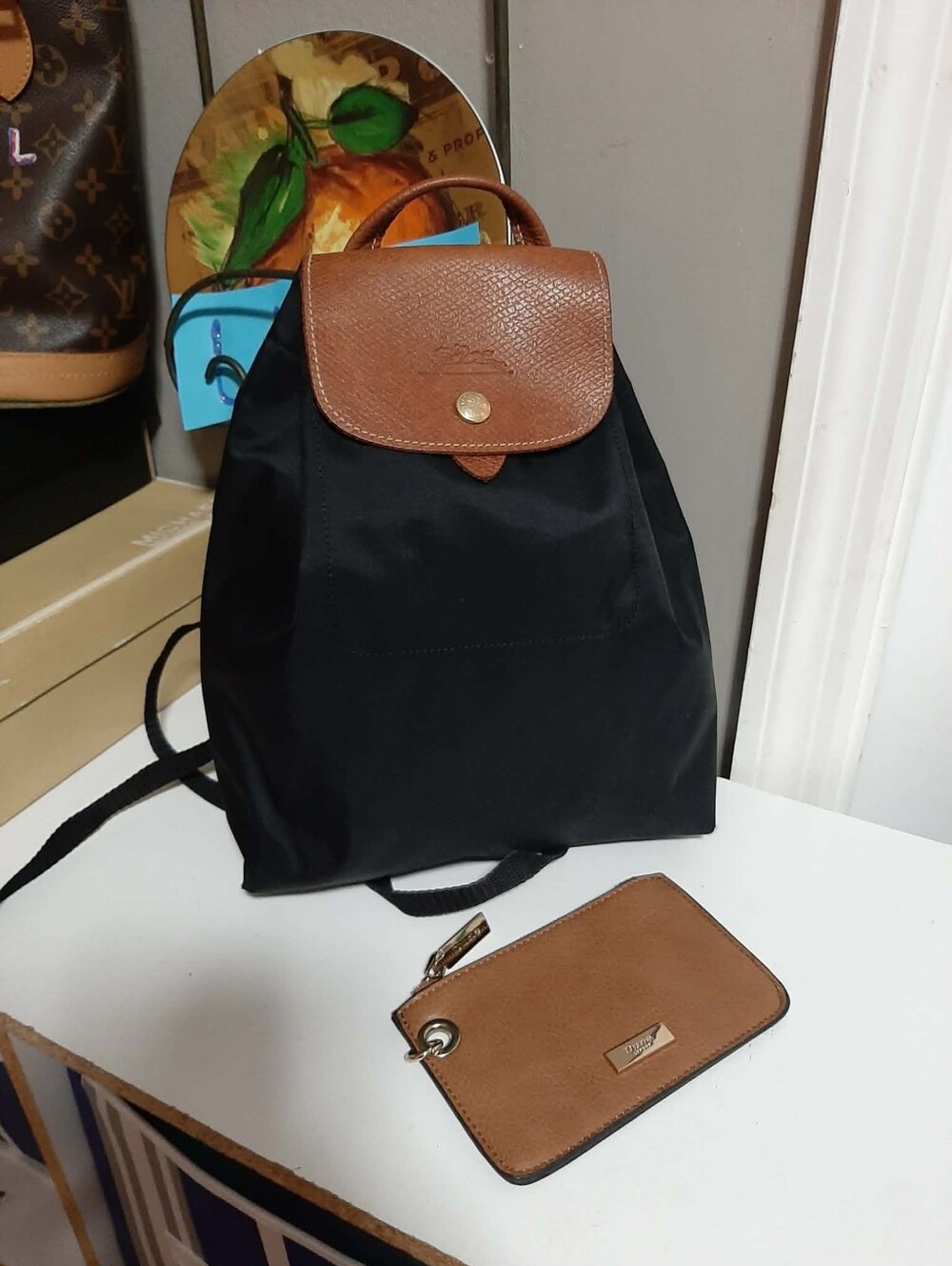 LONGCHAMP/DUNE Sm "Le Pliage" Backpack & Matching ID/Card Case 2 Pc Set